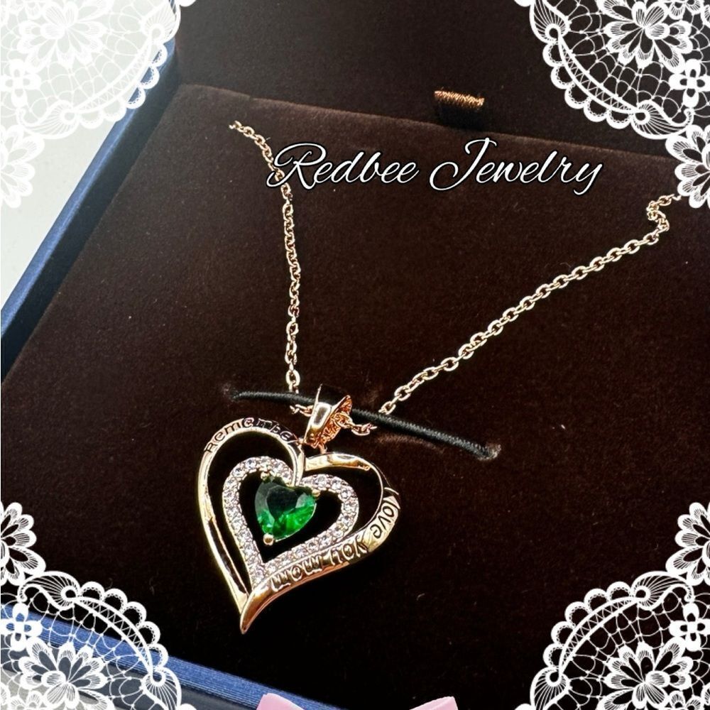 NIB Redbee‎ 18kt GP, Rose gold over s925, "Emerald" CZ in heart necklace!